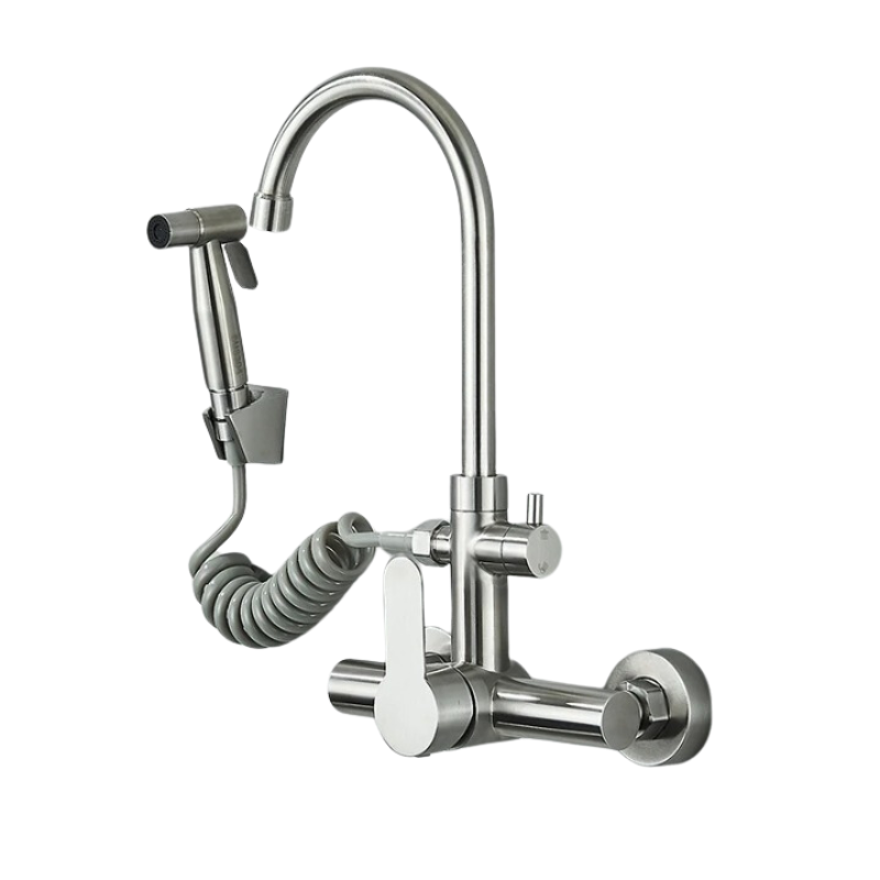 Mitigeur Cuisine Mural Avec Douchette en Inox - Nickel Brossé