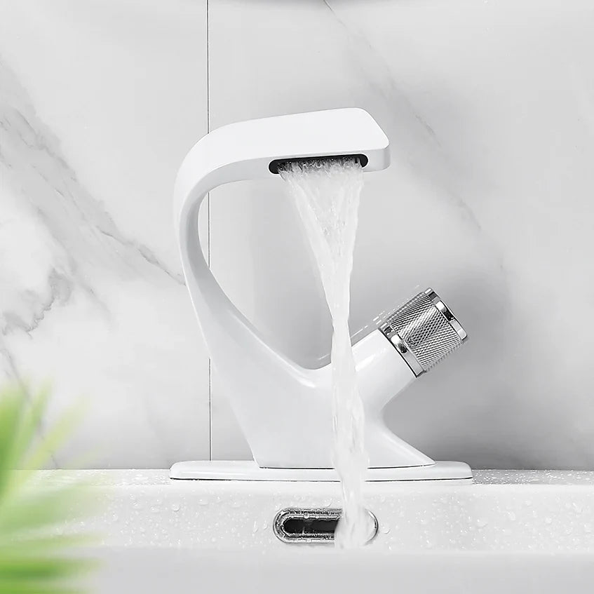 Mitigeur Lavabo Design Incurvé en Laiton - Blanc